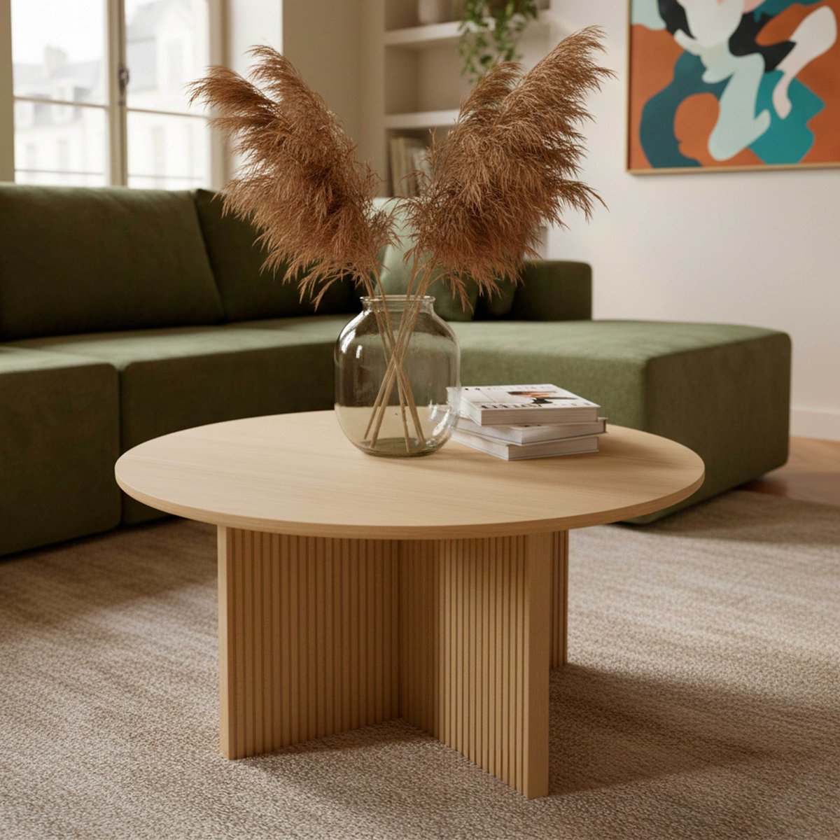Table basse effet bois ronde 80 x 45 cm, CASSIDY bois clair, OVIALA