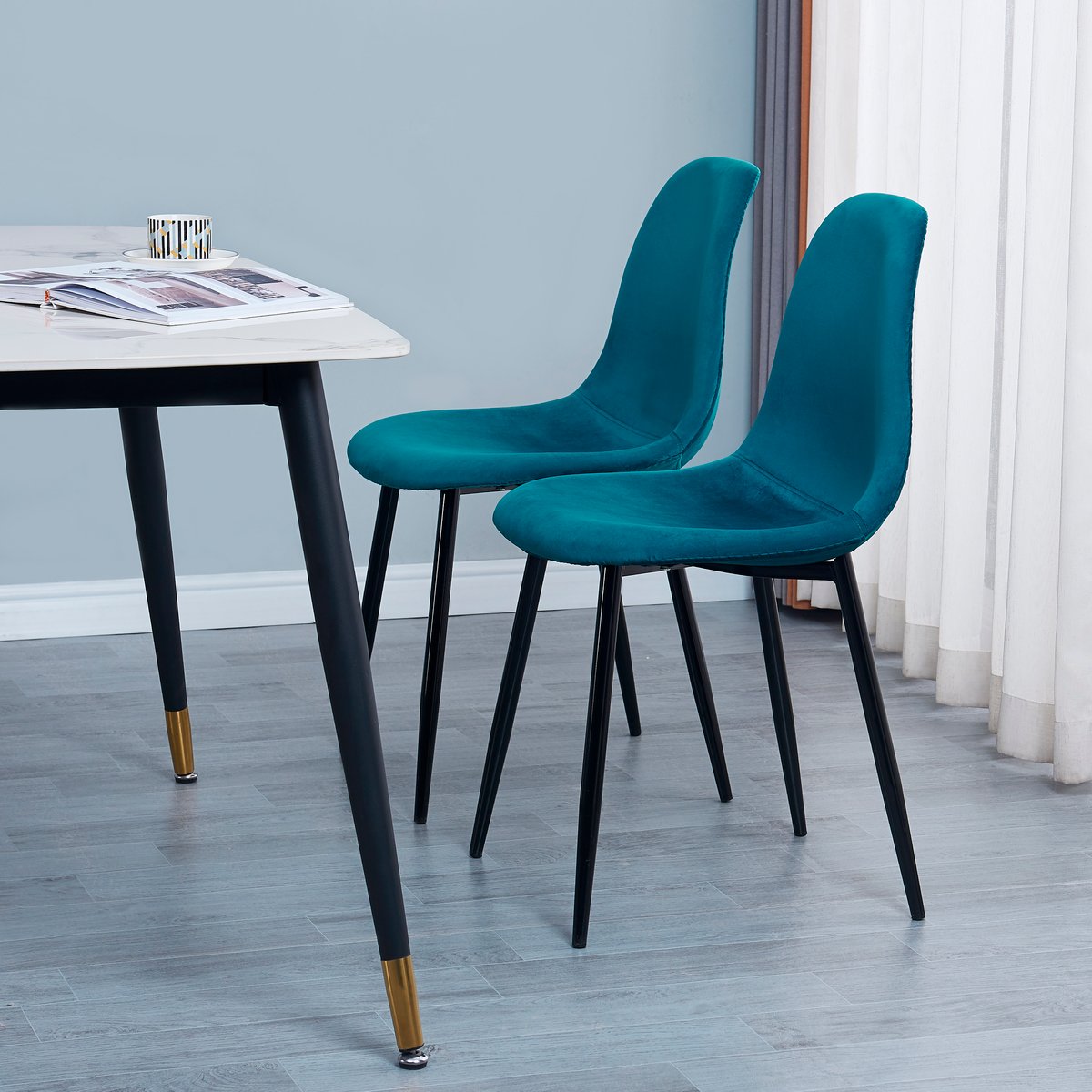 Lot de 4 chaises en velours, COPENHAGEN bleu canard, NORDLYS