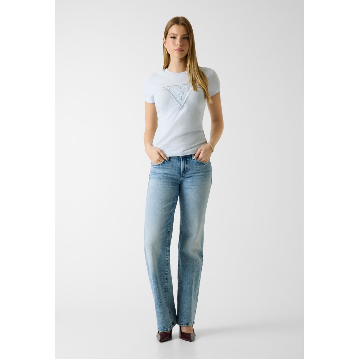 T-Shirt Logo Triangle En Dentelle bleu clair, GUESS