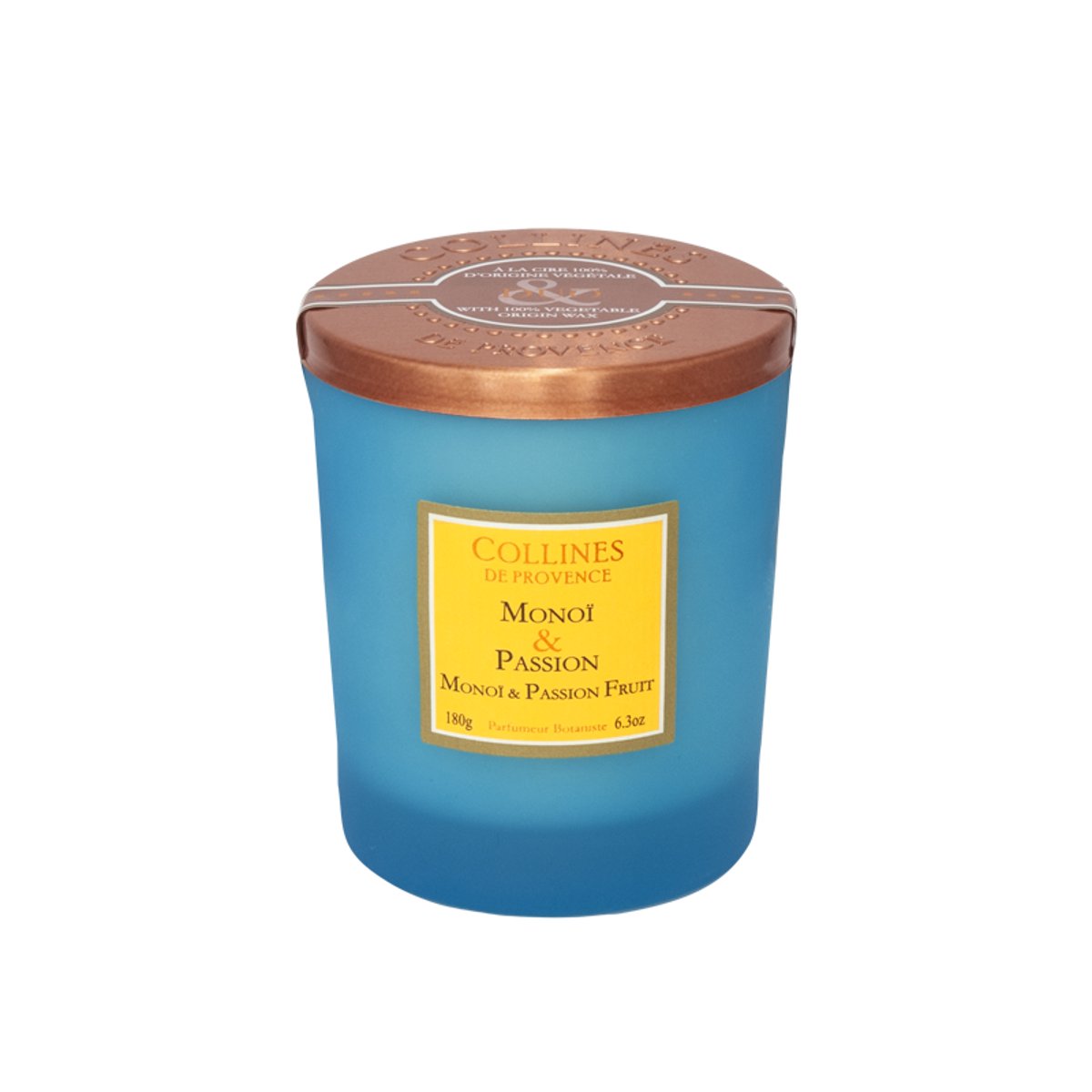 Bougie Parfumée Colorée MONOÏ & PASSION bleu, COLLINES DE PROVENCE