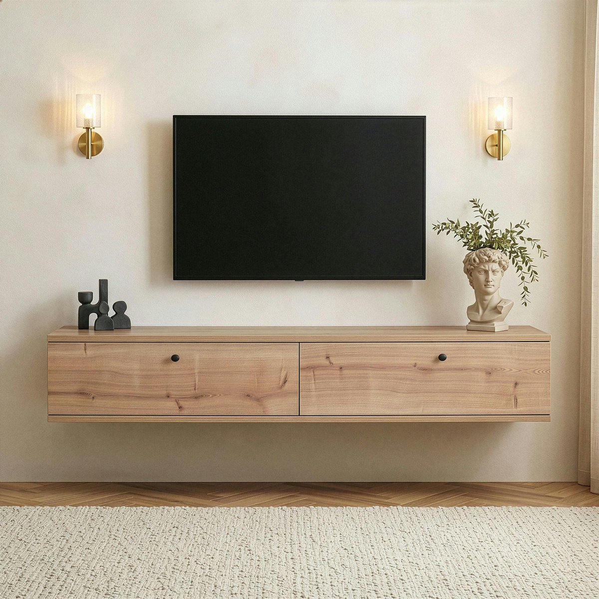 Meuble TV suspendu faible encombrement 160 cm MARFA chêne, PIER IMPORT