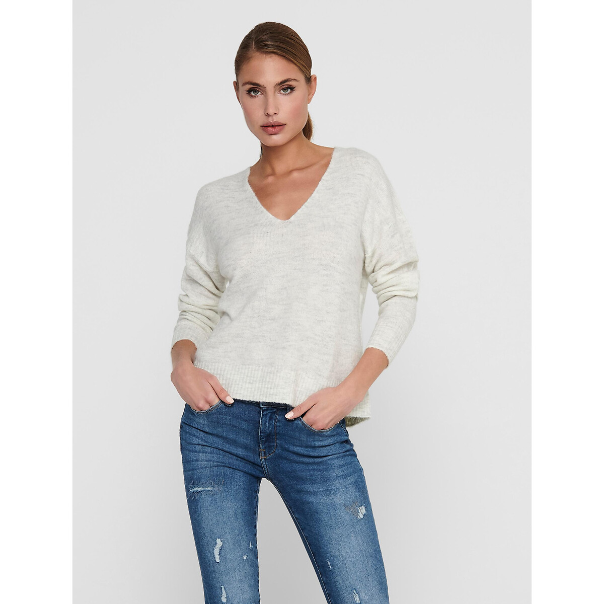 Pull con scollo a V, maglia morbida bianco, JDY