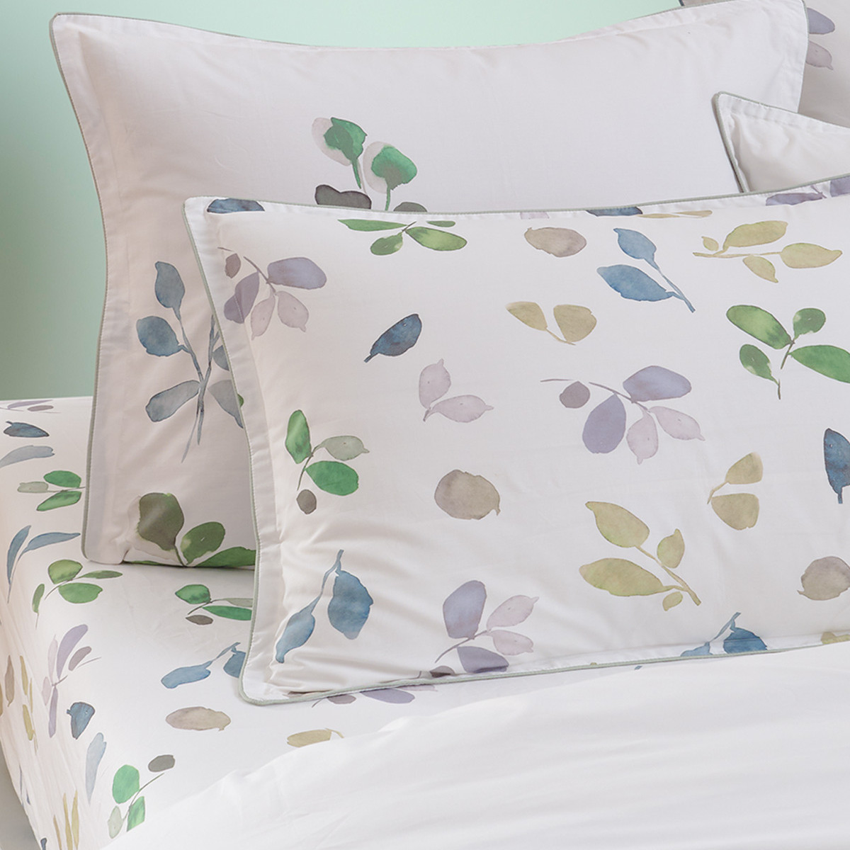Parure housse de couette percale de coton avec 2 taies 50x70 cm BARBARA eucalyptus, SENSEI MAISON