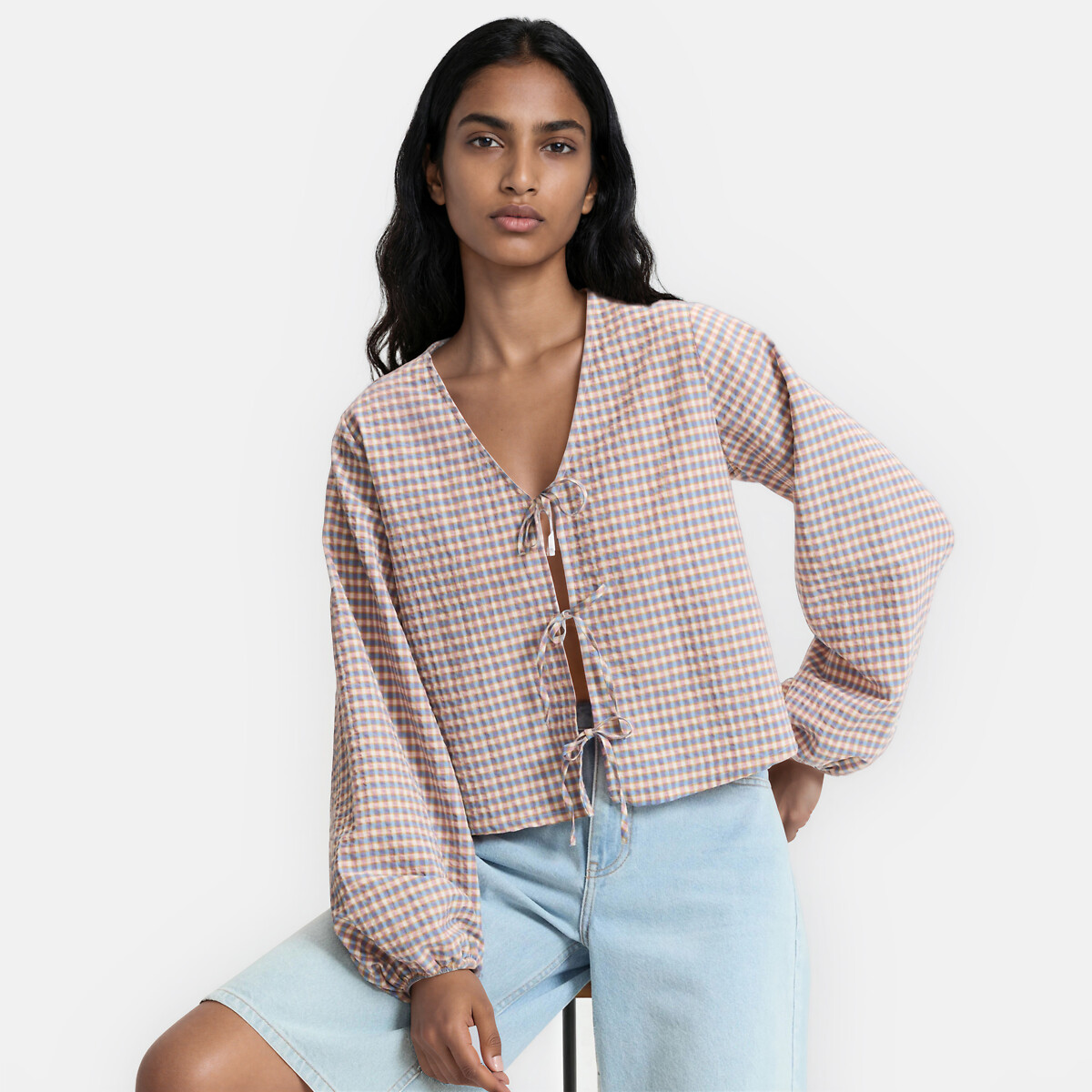 Blouse col V à carreaux à liens à nouer carreaux rose/bleu, LA REDOUTE COLLECTIONS