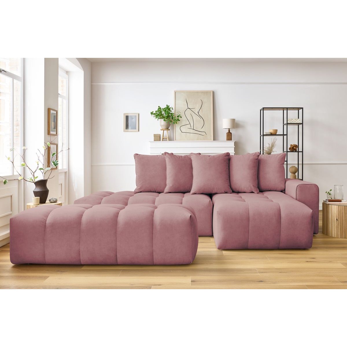 Canapé d'angle fixe 4 places en velours avec pouf, MONT-BLANC rose, BOBOCHIC