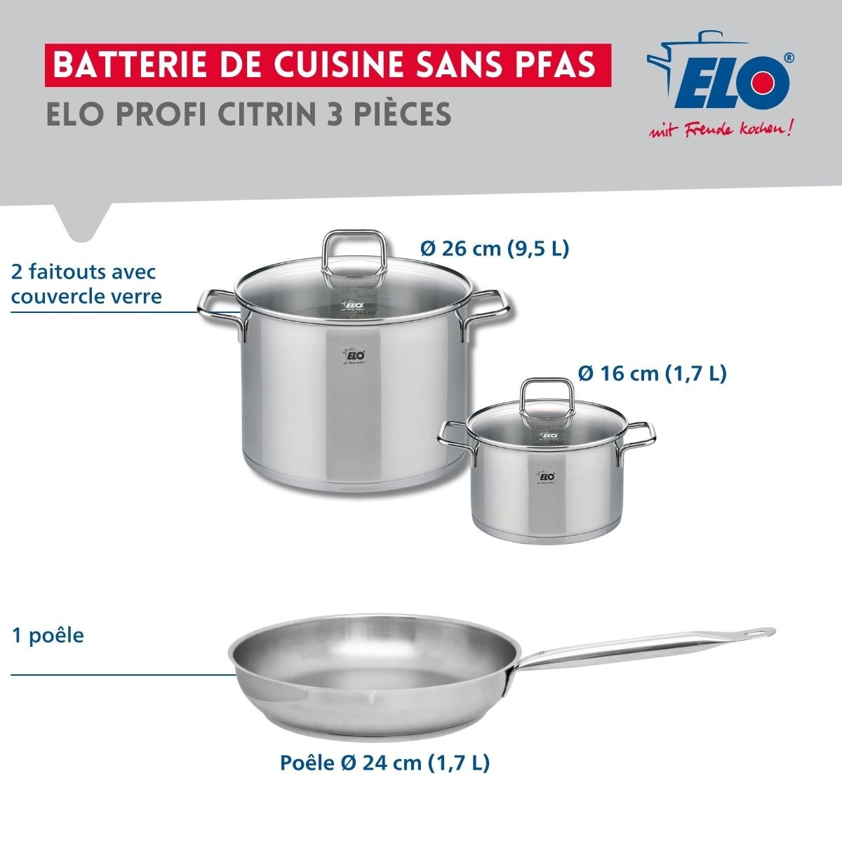 Batterie 1 poêle 24cm + 2 faitouts 16/26cm PROFI CITRIN gris, ELO