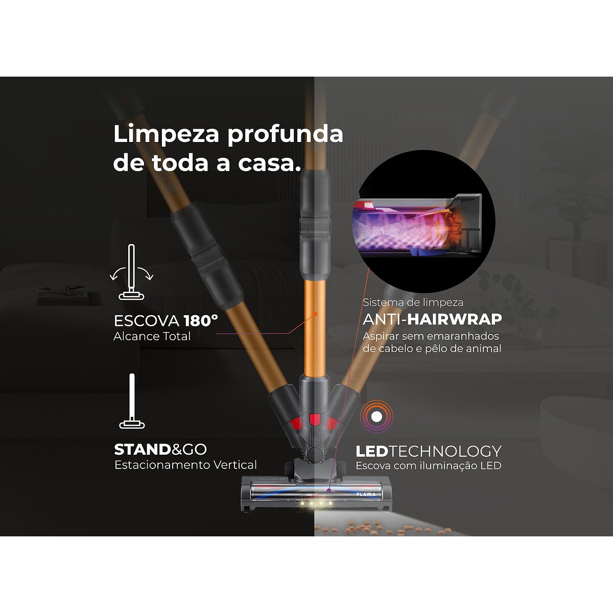 Aspirador Vertical Sem Fios ProClean Flex 50 1649FL, FLAMA laranja, FLAMA