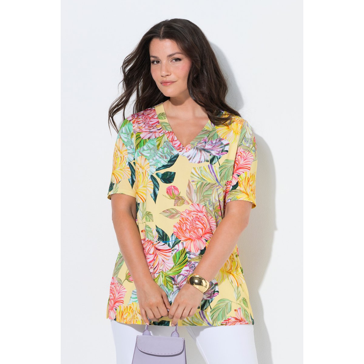 T-shirt au tombé fluide, motif à fleurs jaune citron, ULLA POPKEN