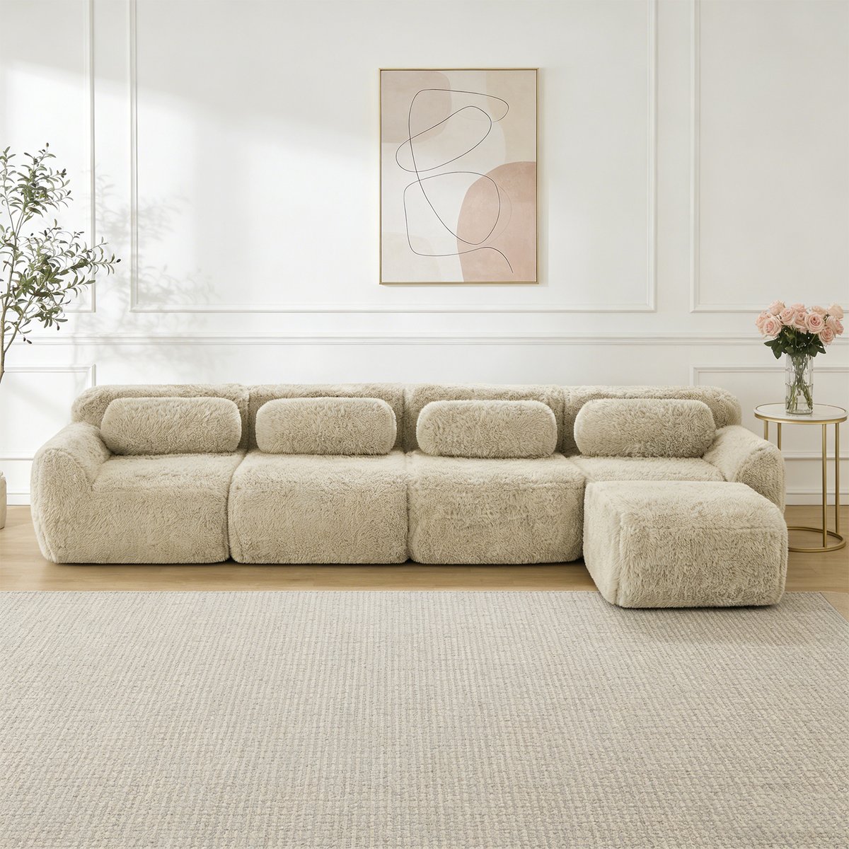 Canapé d'angle réversible 4 places avec pouf, WIND kaki, MEUBLES COSY