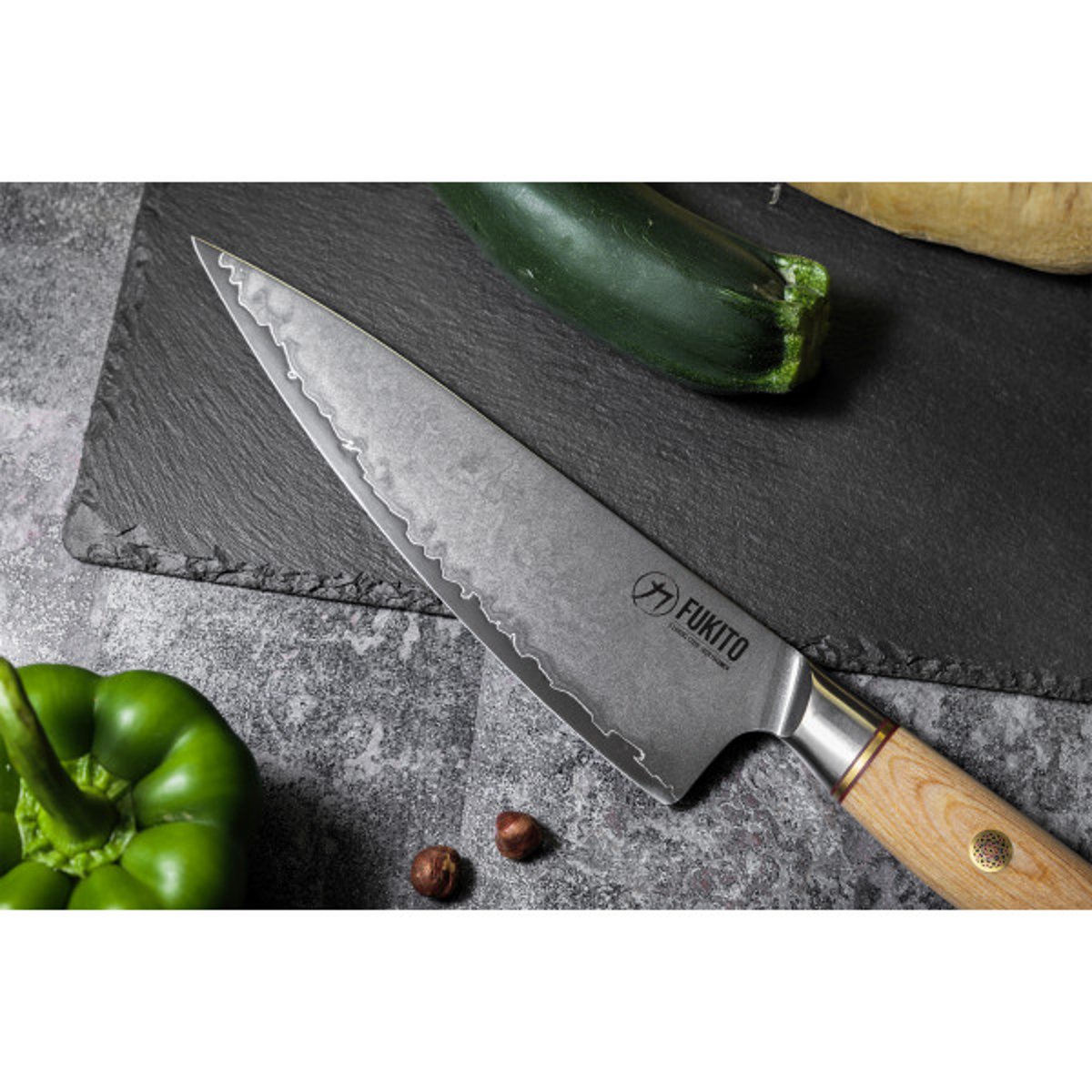 Couteau de cuisine Pakka San Mai modèle Chef 21cm bois clair, FUKITO