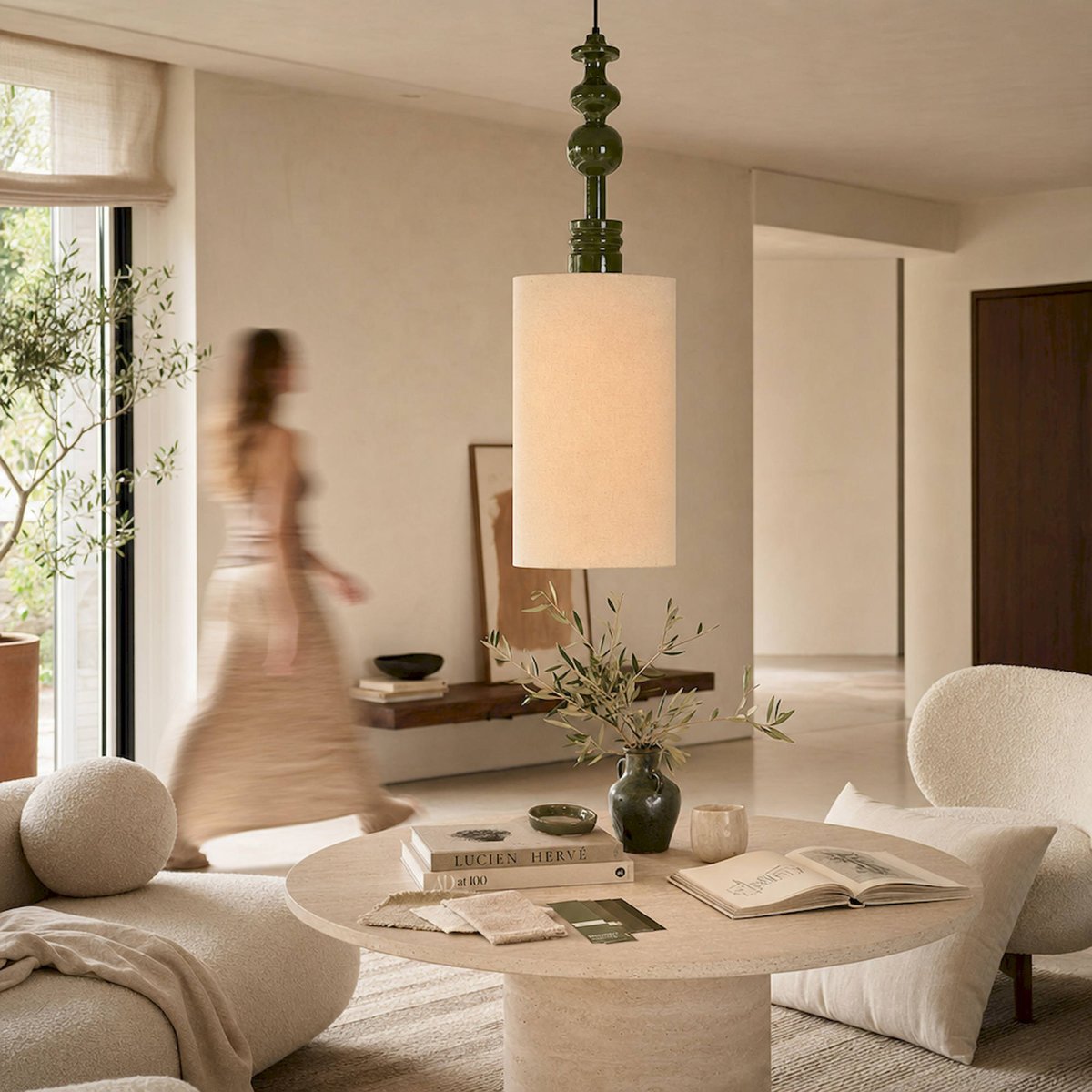 Suspension contemporaine collection VACIO vert brillant et beige, RECOLLECTION