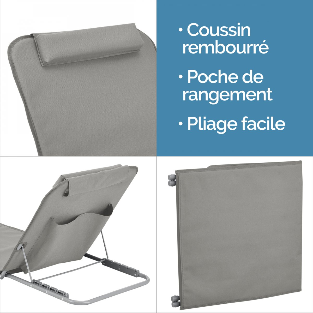 Matelas, transat, tapis de plage avec dossier inclinable et sac de transport gris, LINXOR
