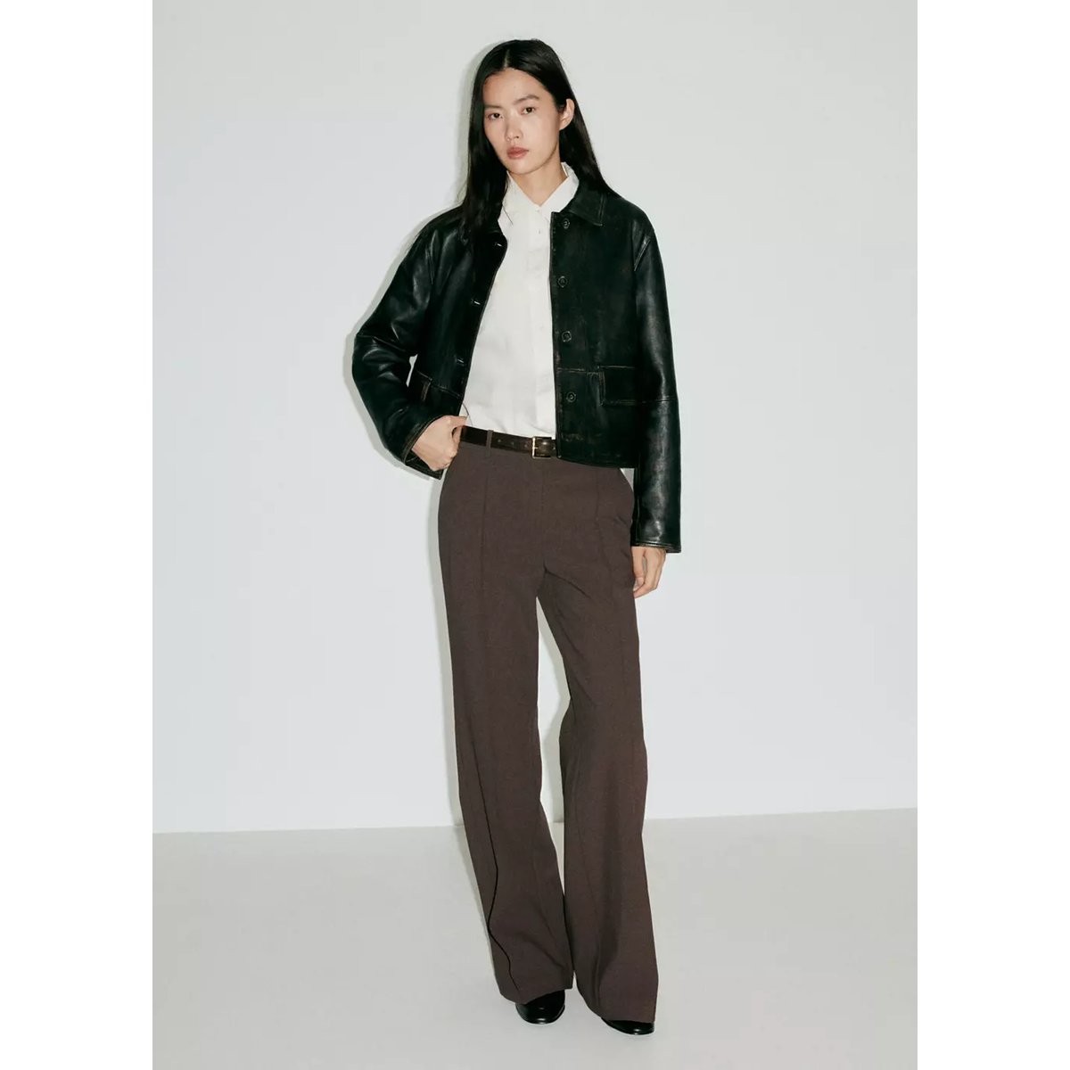 Pantalon flare coutures marron moyen, MANGO