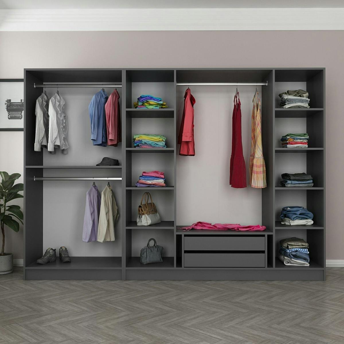 Dressing 6 portes grises rainurées 3 penderies BYRON anthracite, PIER IMPORT