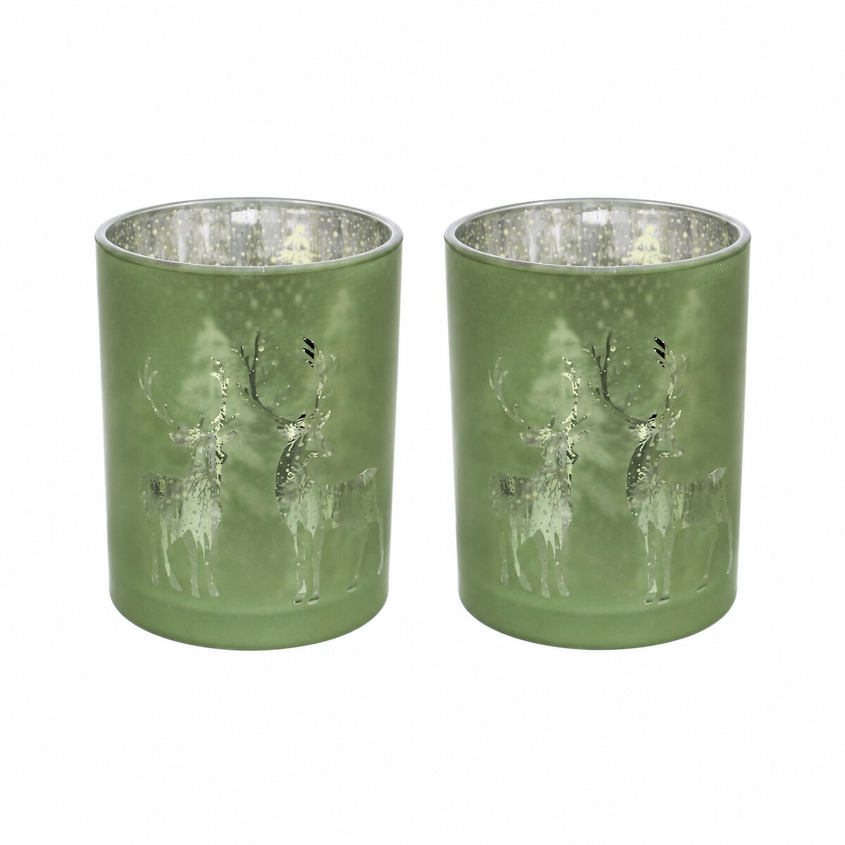 Set of 2 12cm Heritage Noel Reindeer Etched Tealight Holders green, SO'HOME