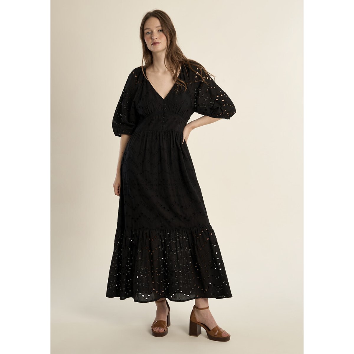 Robe longue manches courtes col V noir, MOLLY BRACKEN