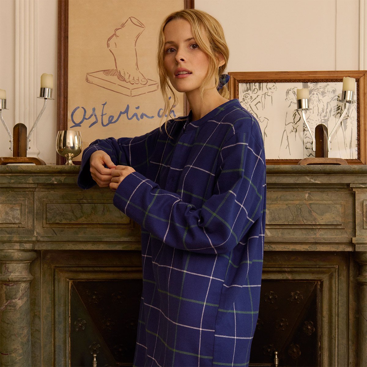 Chemise de nuit col officier en flanelle de coton DUO CHAUD boreales, LAURENCE TAVERNIER
