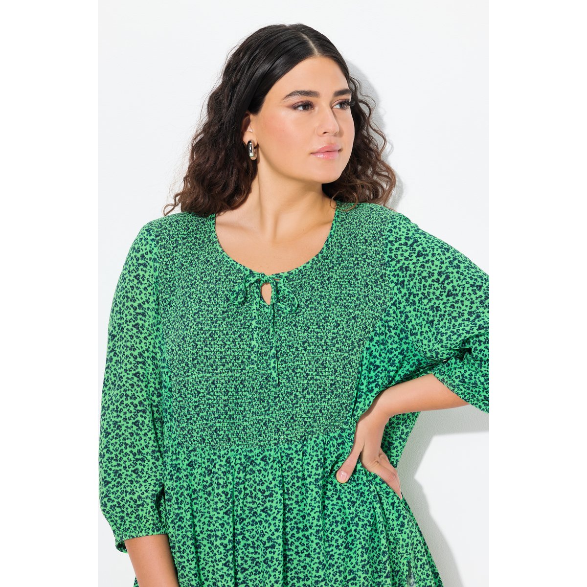 Chemisier smocké, motif à fleurs menthe verte, ULLA POPKEN