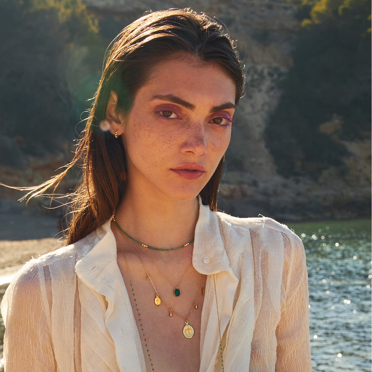 Collier doré quartz fumé - serti pm quartz vert, CAROLINE NAJMAN