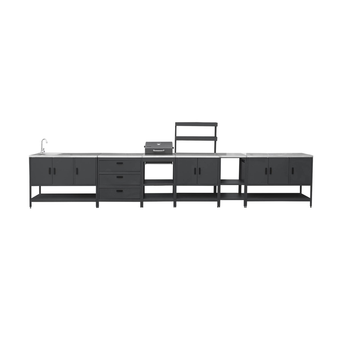 Cuisine d'extérieure 5 modules avec barbecue charbon de bois sur pieds, 2 étagères et thermomètre NAXOS BARBECUE CHARBON + 5 MODULES noir, SWEEEK