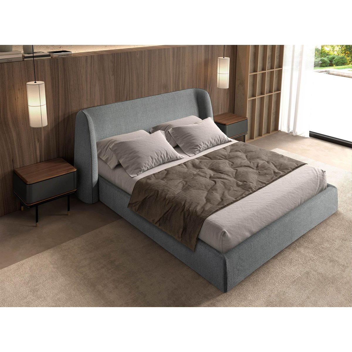 Table de nuit en bois gris foncé mat, acier noir et plateau en noyer gris foncé | noyer | or, ANGEL CERDA