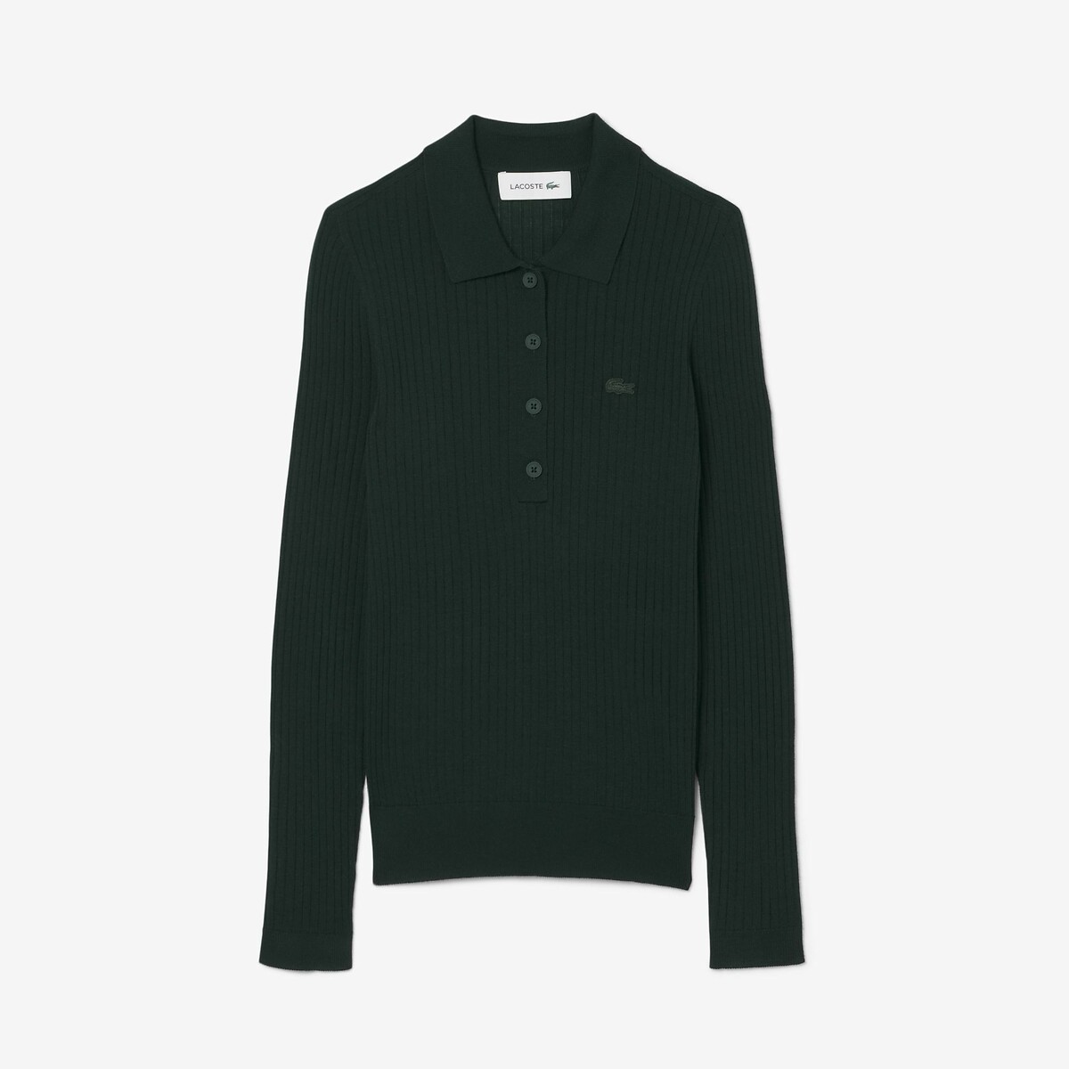 Pull col polo en jersey de laine vert, LACOSTE