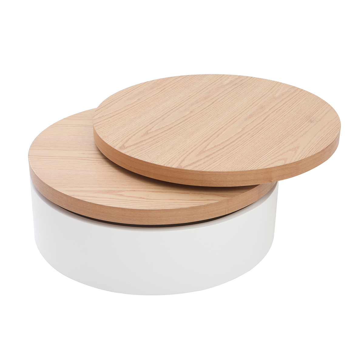 Table basse ronde avec plateaux pivotants et rangement blanc et bois clair chêne D80 cm ICON bois clair / blanc, MILIBOO