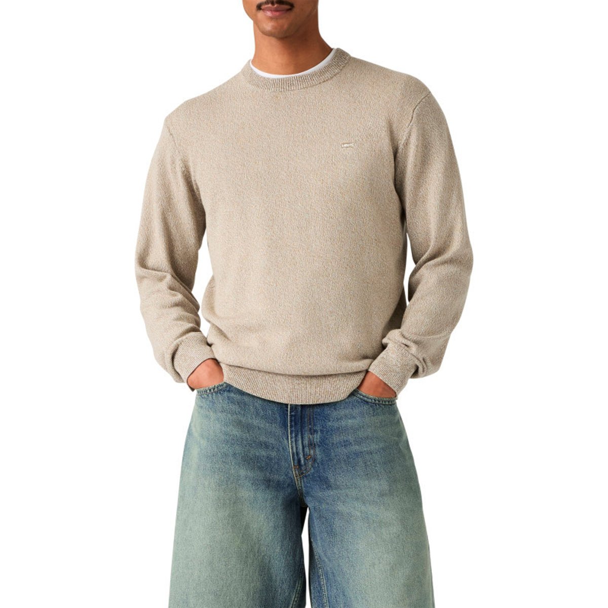 Pull en coton écru à coupe droite pourvu de manches longues et d'un col rond beige, LEVI'S