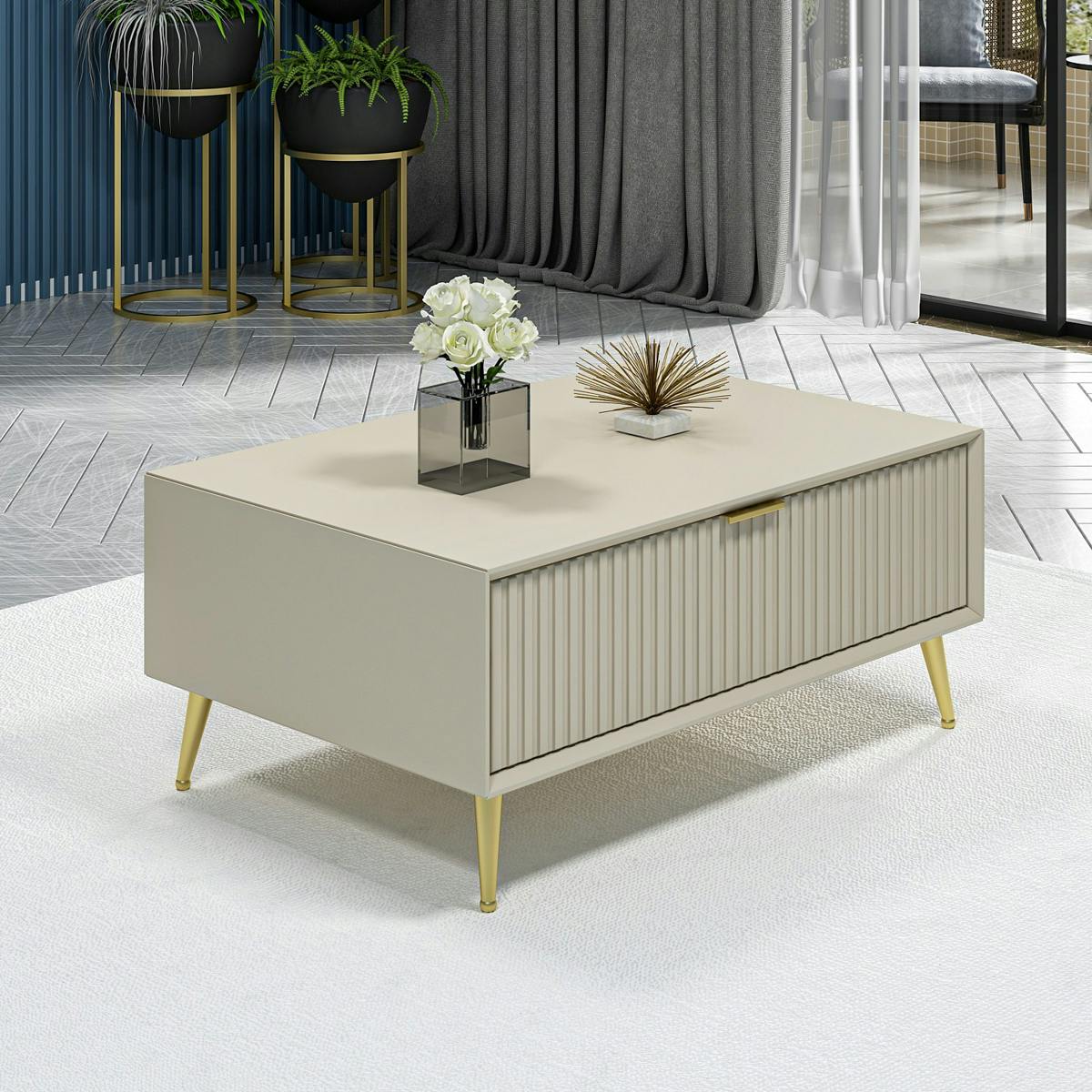 Table basse rectangulaire beige, 1 niche rainurée fermée JENA beige, PIER IMPORT