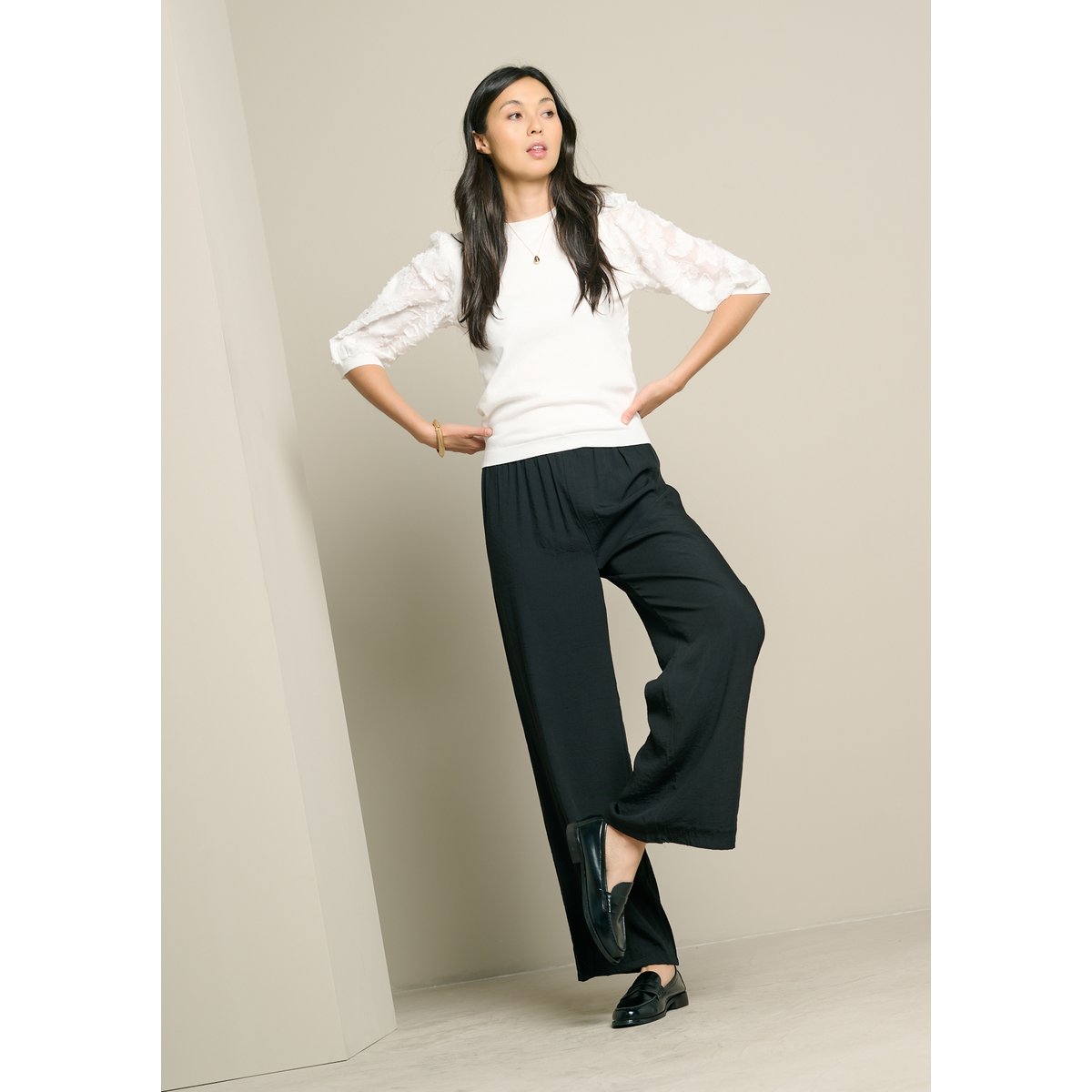 Pantalon large effet lin noir, LOLALIZA