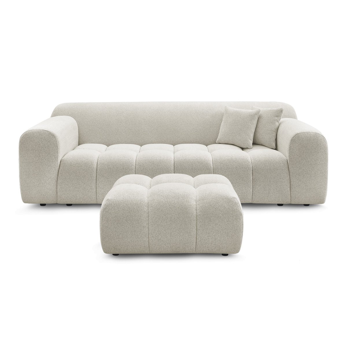 Canapé droit fixe 3 places en tissu chiné avec pouf, MELISSE blanc, BOBOCHIC