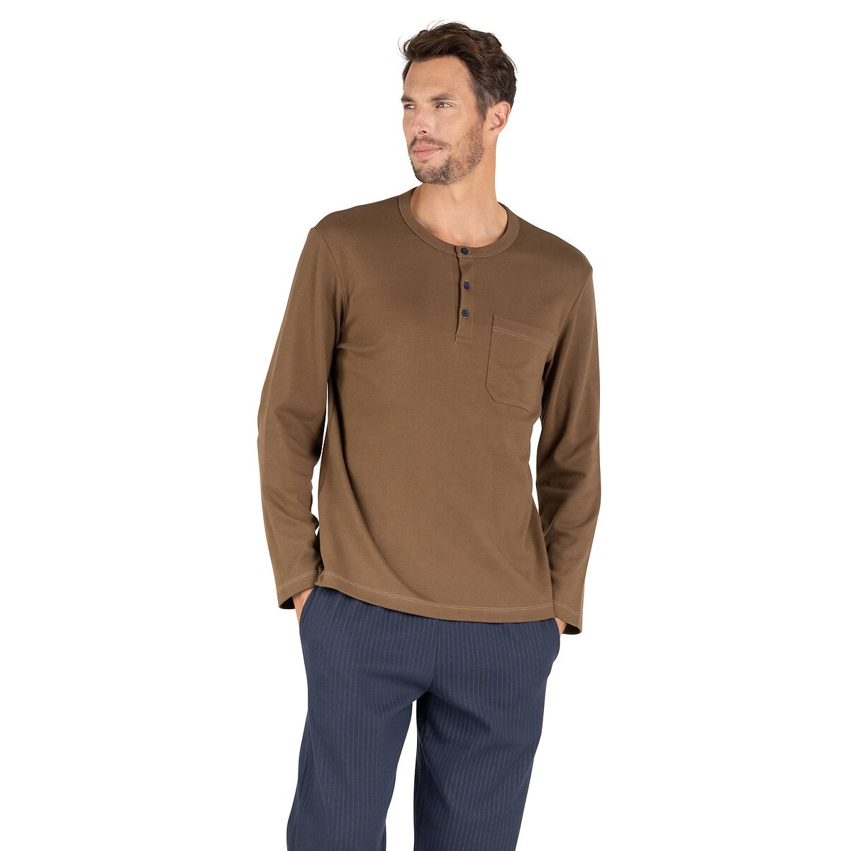 Pyjama en interlock, pantalon rayé marron/bleu marine, EMINENCE