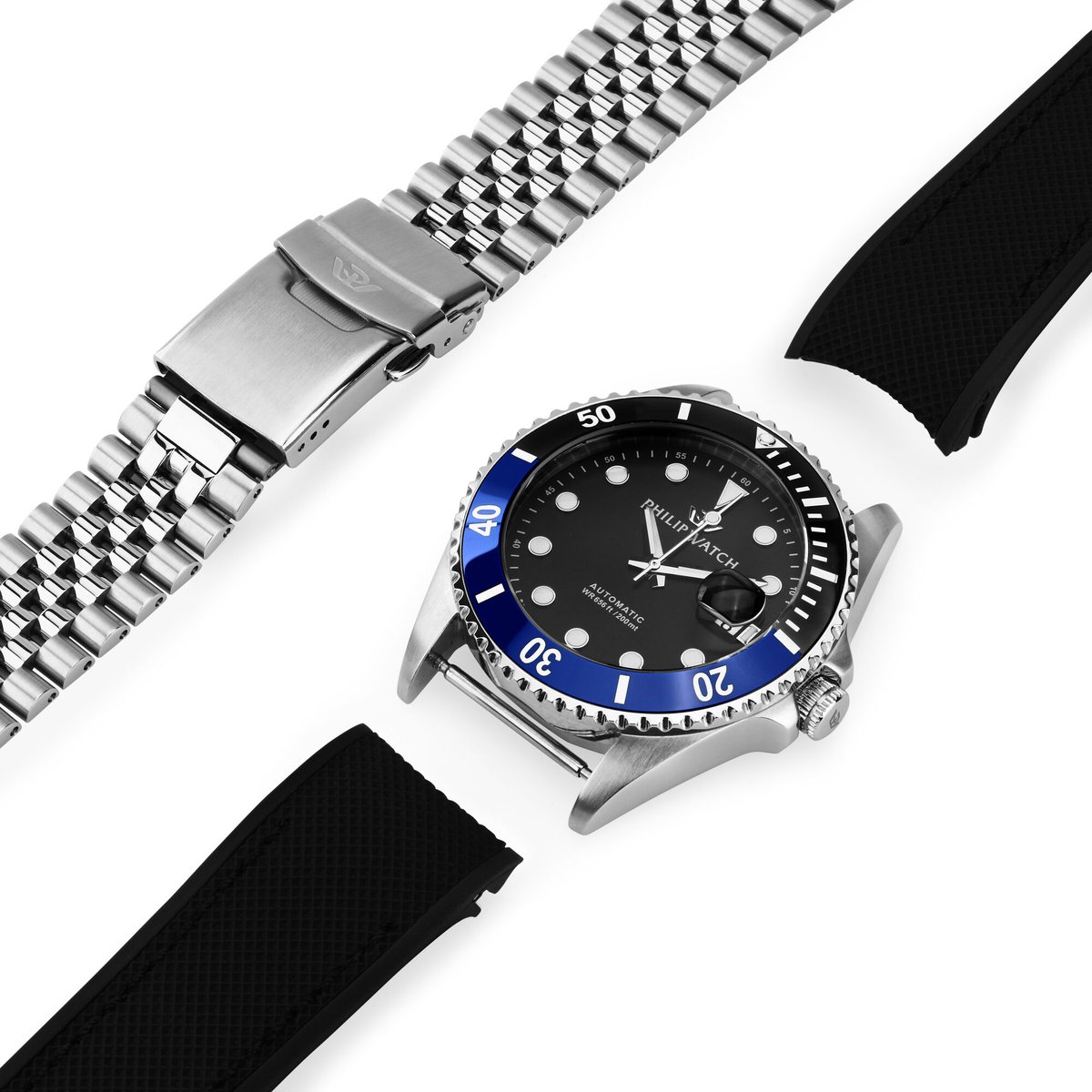Montre analogique en acier, silicone CARIBE noir, bleu, argent, PHILIP WATCH