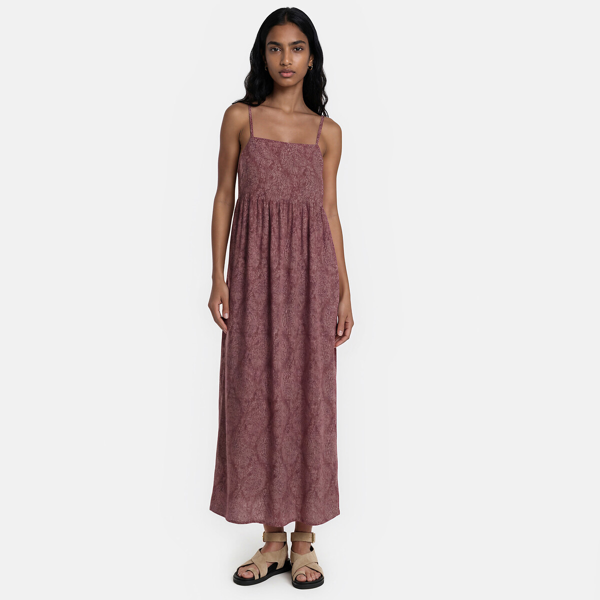 Maxi abito con stampa paisley e spalline sottili fantasia fondo marrone, LA REDOUTE COLLECTIONS