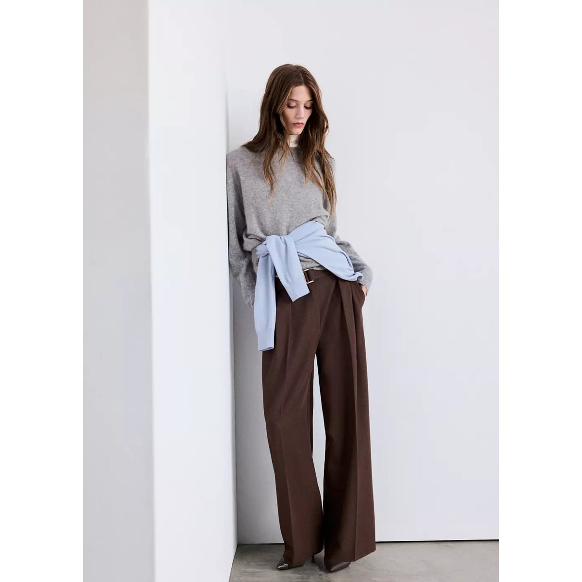 Pantalon wideleg ceinture marron, MANGO