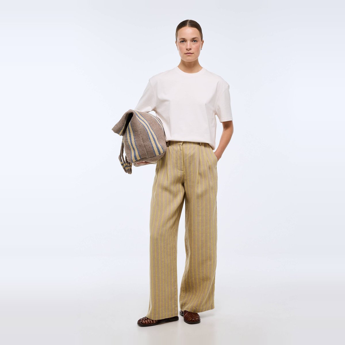 Pantalon à pinces en lin rayé renoncule, MONOPRIX