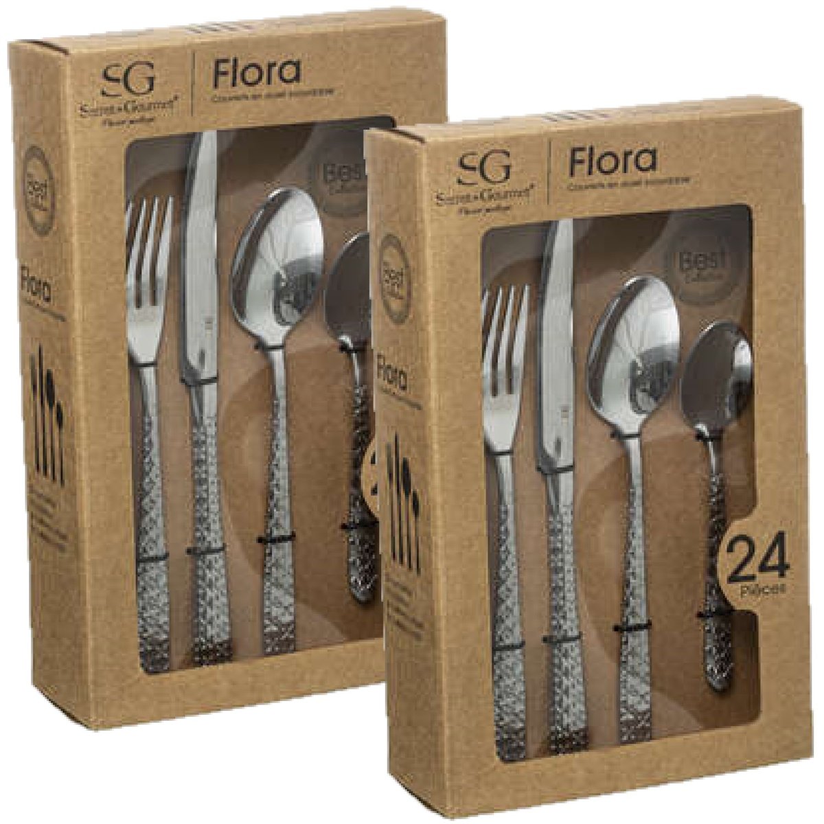 Lot de 2 ménagères à motifs en acier inoxydable 24 pièces FLORA argent, TOILINUX