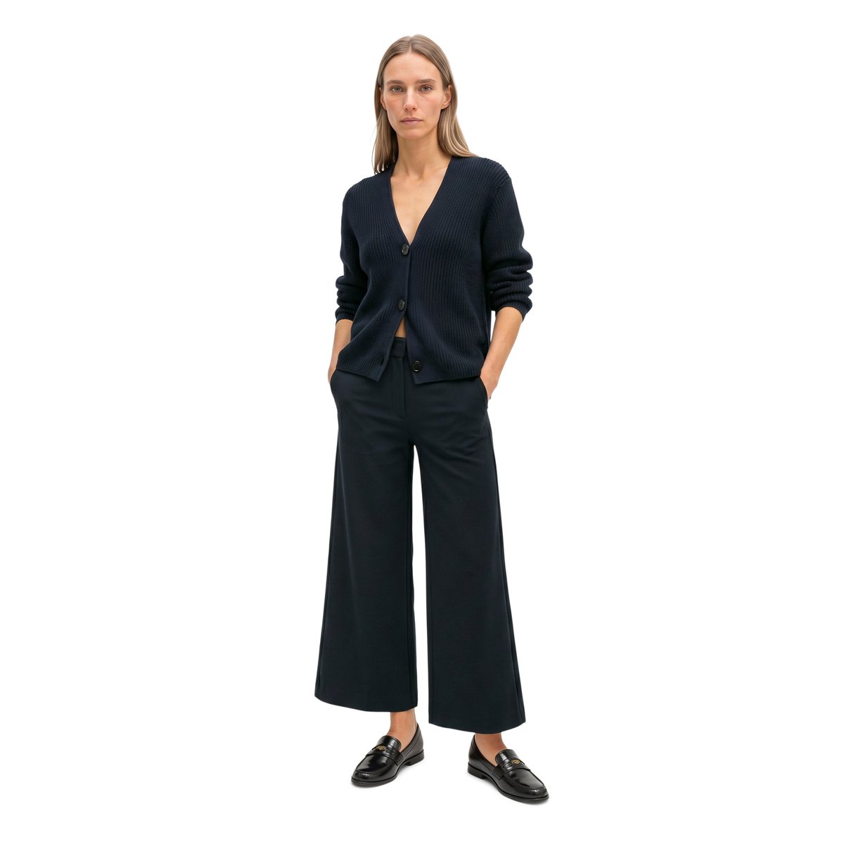 Cardigan col V relaxed en coton biologique lourd bleu, MARC O'POLO