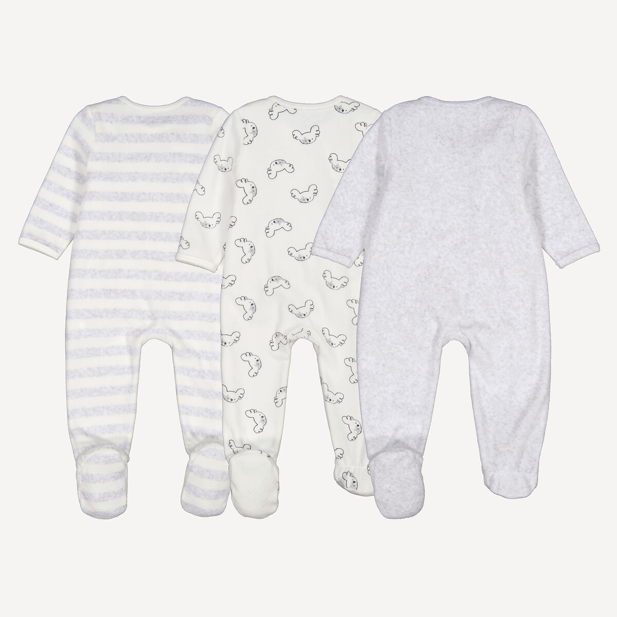 Lot 3 pyjamas 1 pièce velours, rayures et koalas assortis, LA REDOUTE COLLECTIONS