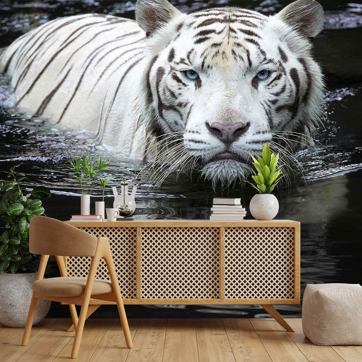 Papier peint tigre blanc dans l'eau intissé, HEXOA