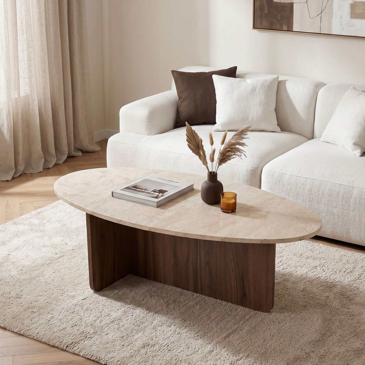 Table basse organique en bois et effet travertin 120x65cm- ORIS beige, DRAWER