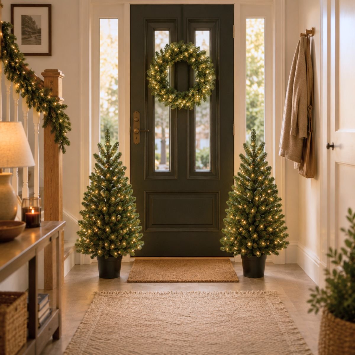Lot de 2 sapins de Noël et 1 couronne d’extérieur avec LED NAGOYA blanc, BLACK BOX TREES