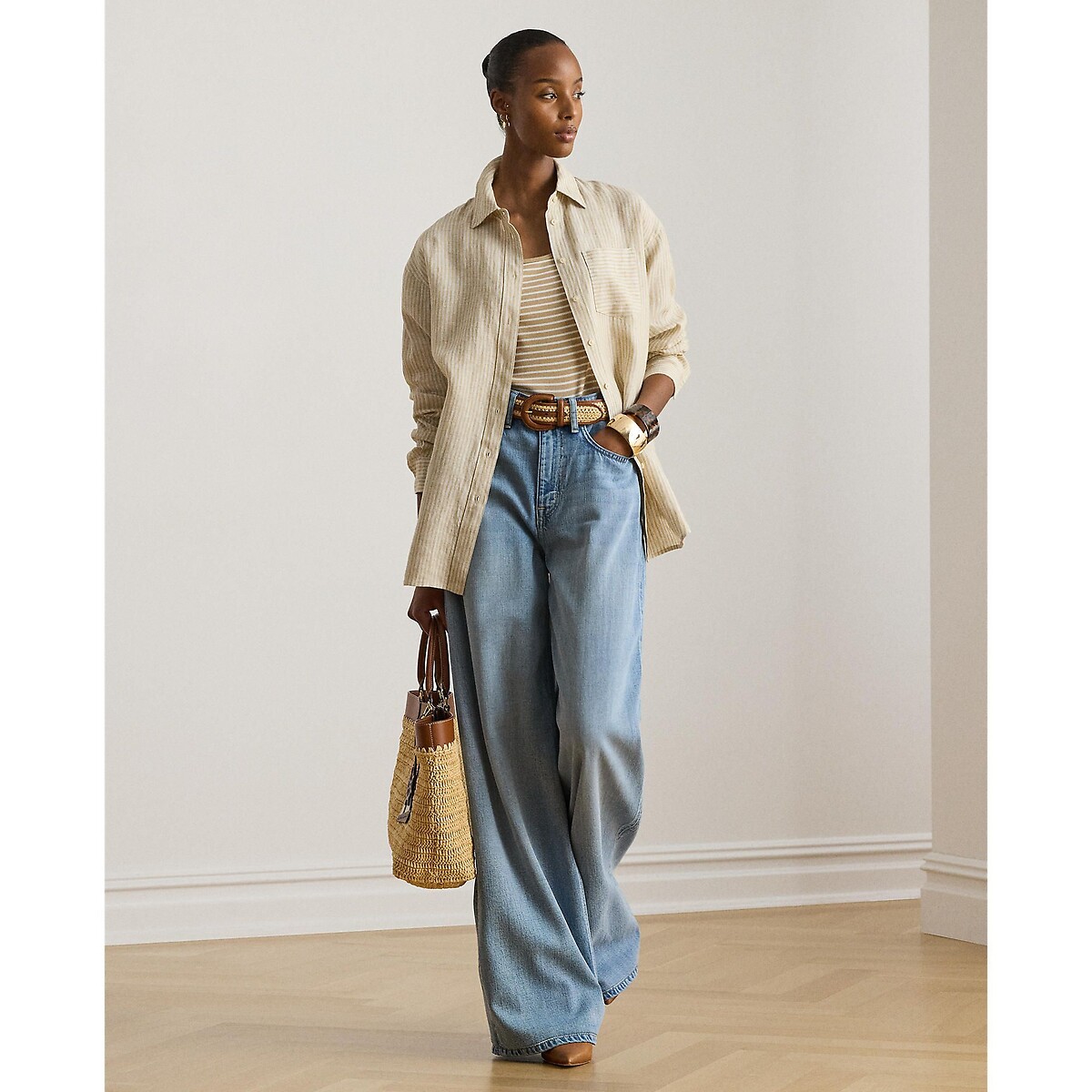 Chemise rayée manches longues en lin beige/blanc, LAUREN RALPH LAUREN