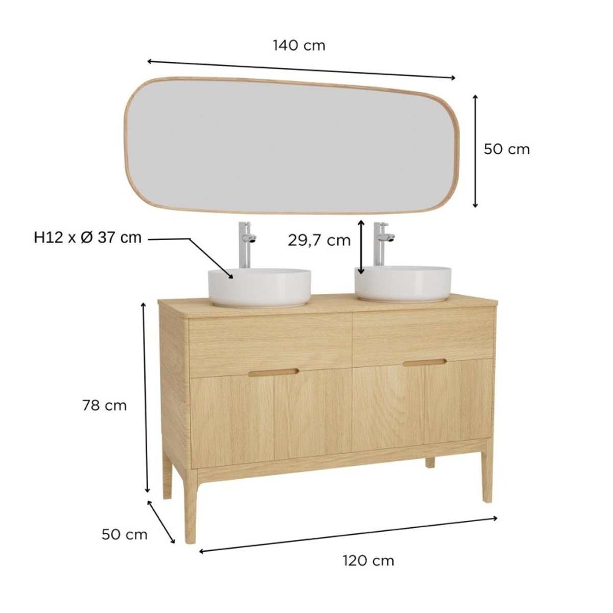 Ensemble meuble double vasque 120cm + vasque + robinet + miroir ALASKA chêne - mdf - mat, MOB IN