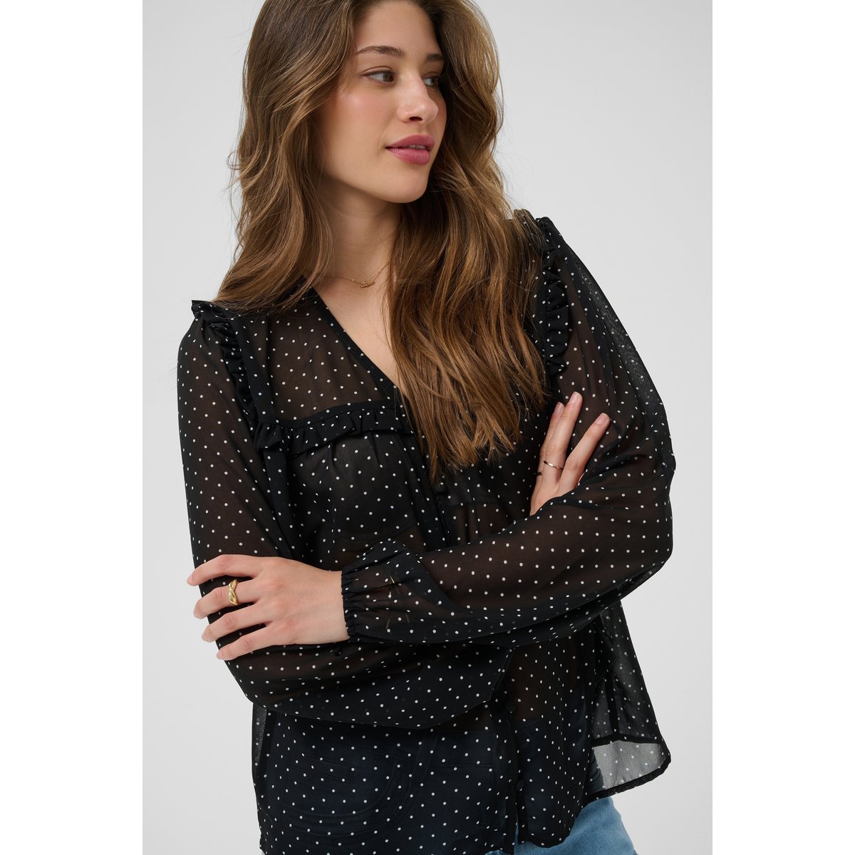 Blouse à manches longues noir black w. small white dots, CREAM