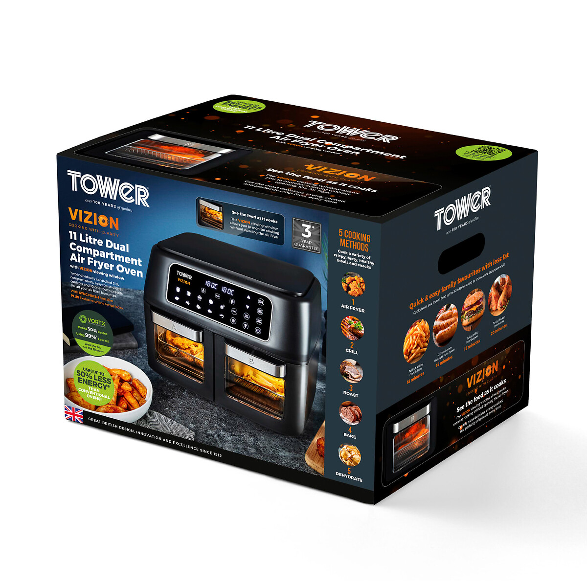 Vortx Vizion 11L Dual Air Fryer - T17102 black, TOWER
