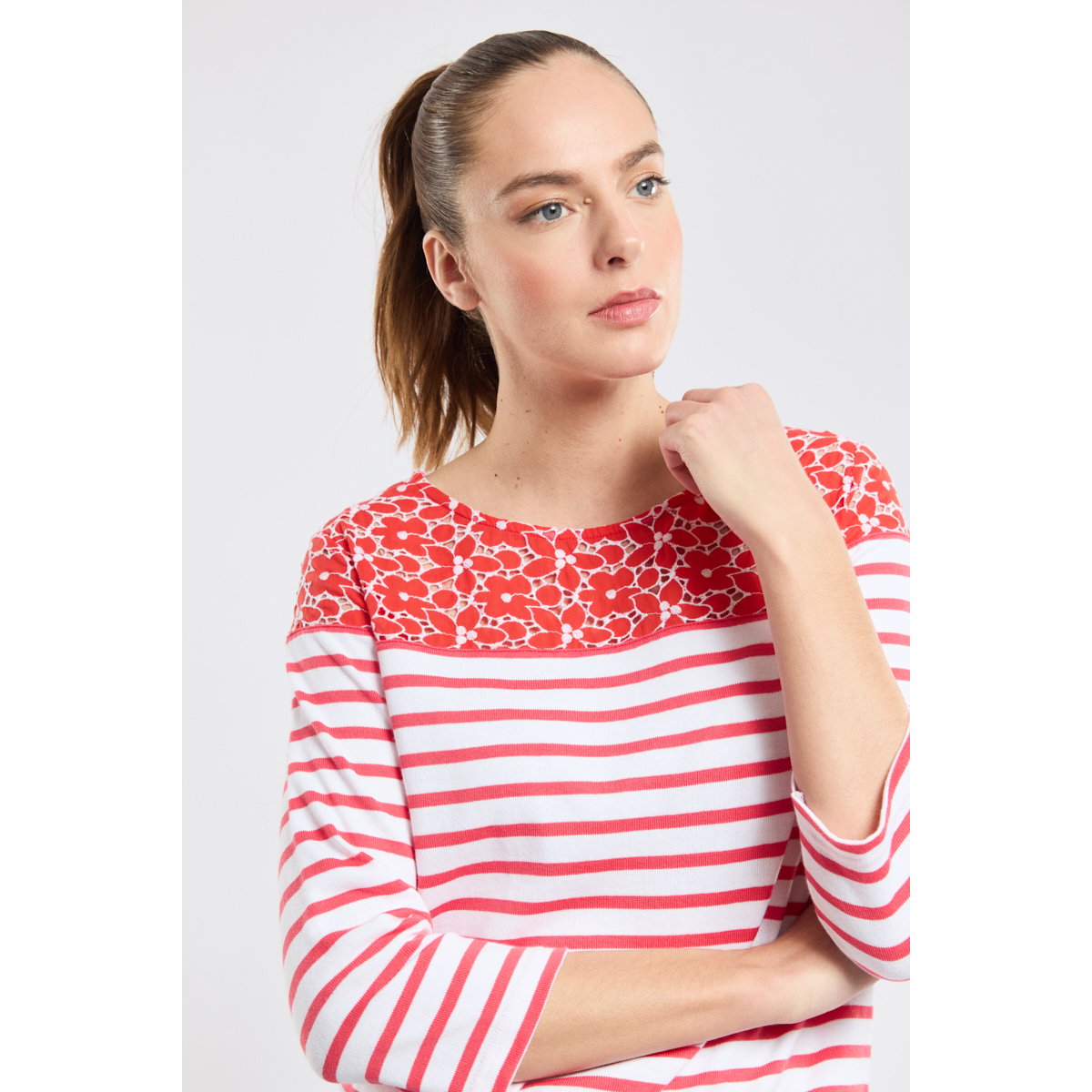 Marinière fleurie en coton blanc/airelle, ARMOR-LUX