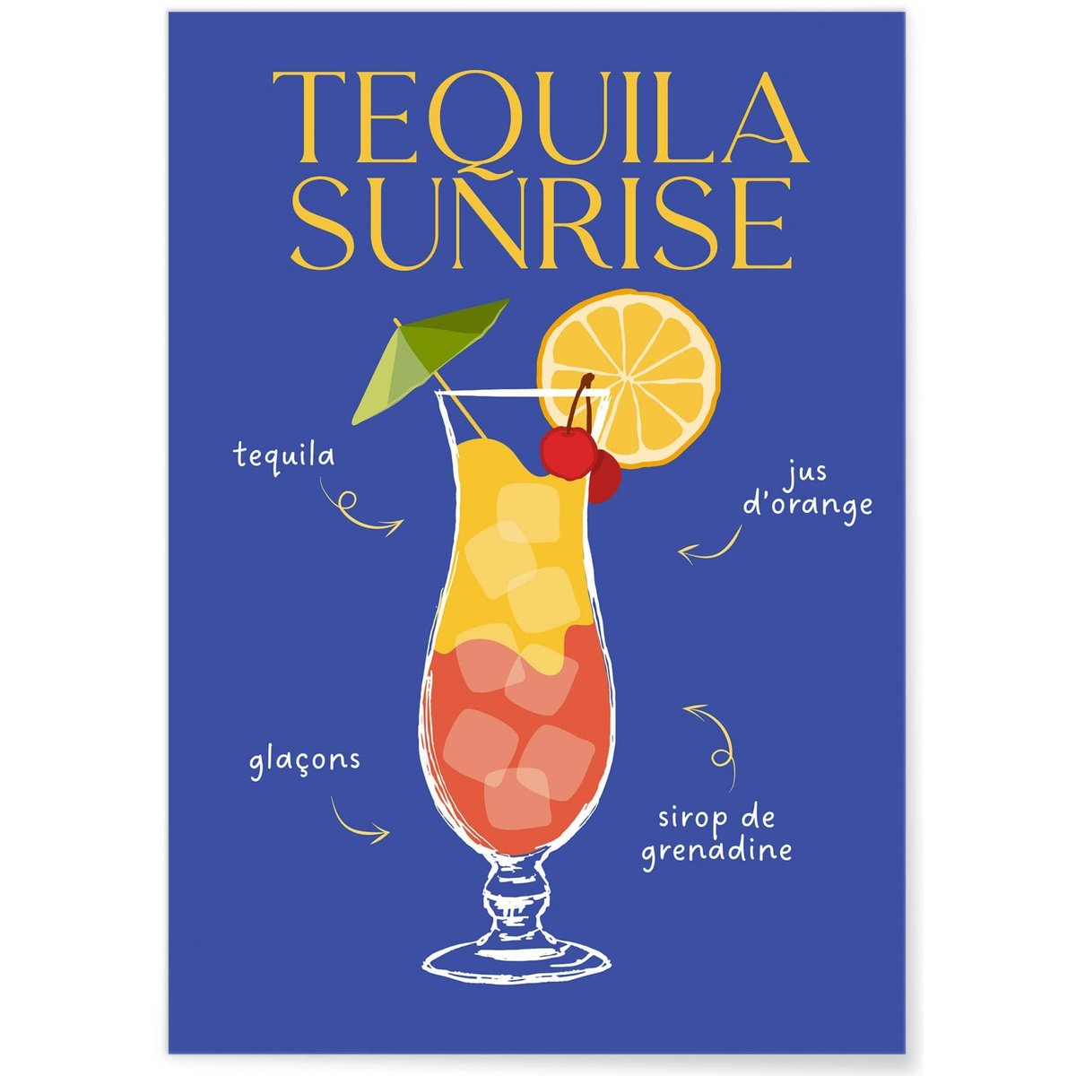 Affiche Cocktail Tequila Sunrise 2 blanc, L'AFFICHERIE