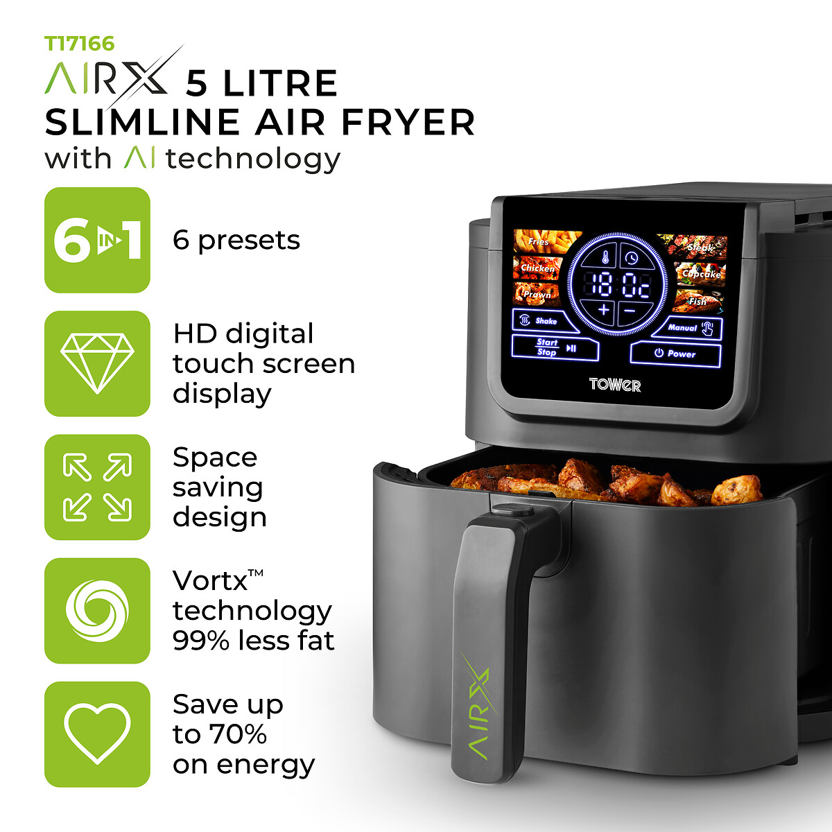AirX 5L Single Basket Air Fryer - T17166 grey, TOWER