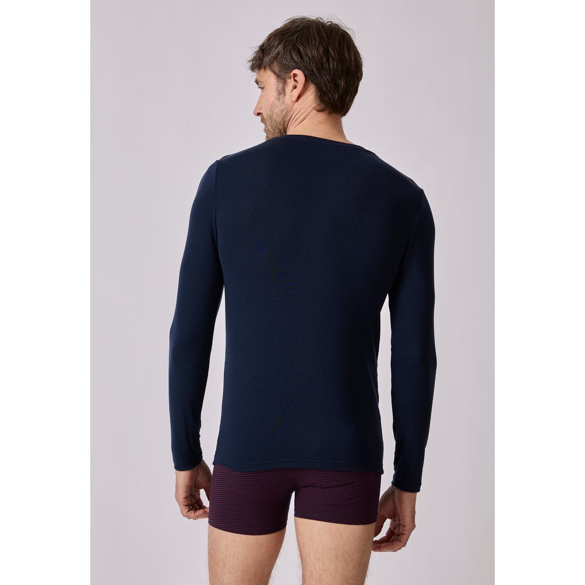 T-shirt col V manches longues fine côte Thermolactyl Sensitive bleu marine, DAMART